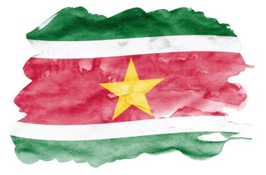 Surinam bayrak beyaz arka plan üzerinde izole sıvı suluboya tarzında resmedilmiş. Ulusal bayrak görüntüsü ile dikkatsiz boya gölgelendirme. Bağımsızlık günü afiş