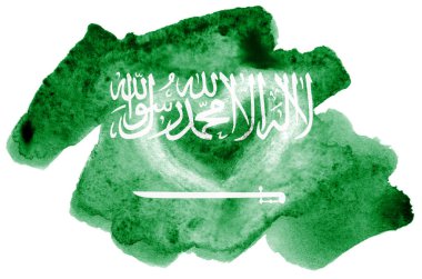 Suudi Arabistan bayrağı sıvı suluboya tarzında beyaz arka plan üzerinde izole tasvir edilir. Ulusal bayrak görüntüsü ile dikkatsiz boya gölgelendirme. Bağımsızlık günü afiş