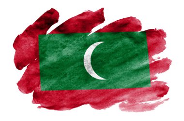 Maldivler bayrağı sıvı suluboya tarzında beyaz arka plan üzerinde izole tasvir edilir. Ulusal bayrak görüntüsü ile dikkatsiz boya gölgelendirme. Bağımsızlık günü afiş