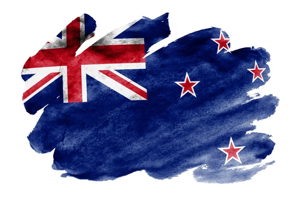 ニュージーランドの国旗は 白背景に分離された液体の水彩風に描かれています 国旗のイメージとシェーディングで不注意な塗料 独立記念日バナー — ストック写真