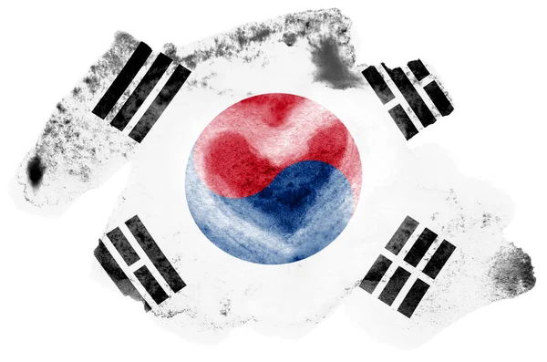 韩国国旗描绘的是在白色背景上隔离的液体水彩风格 漫不经心的油漆底纹与国旗的形象 独立日横幅 — 图库照片