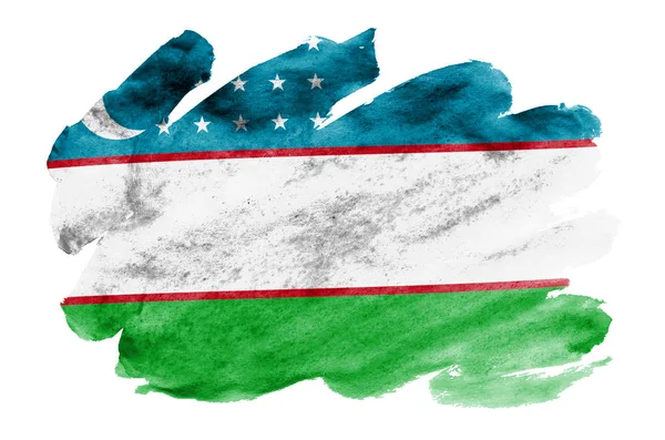 Прапор Узбекистану Зображена Рідкі Аквареллю Стилі Ізольовані Білому Тлі Затінення — стокове фото