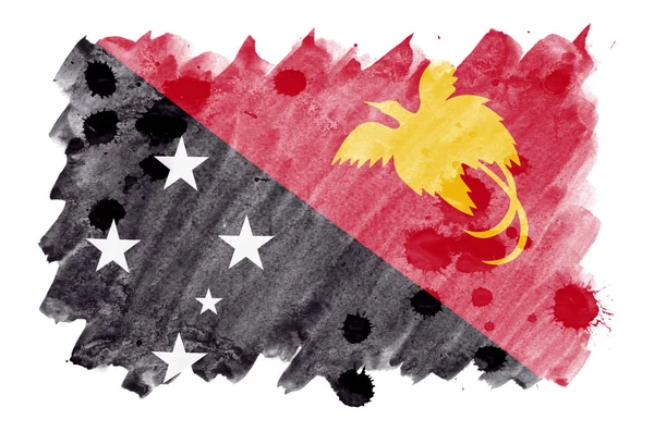 Bandeira Papua Nova Guiné Representada Estilo Aquarela Líquida Isolada Fundo — Fotografia de Stock