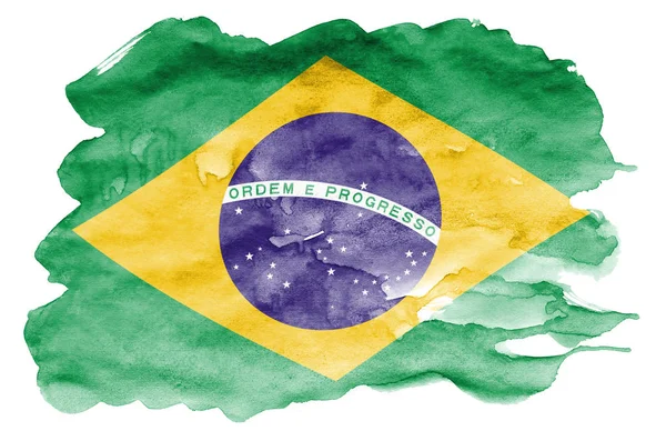 Vlag Van Brazilië Afgebeeld Vloeibare Waterverf Stijl Geïsoleerd Een Witte — Stockfoto