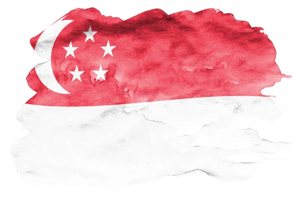 Bandeira Singapura Representado Estilo Aquarela Líquido Isolado Fundo Branco Tinta — Fotografia de Stock