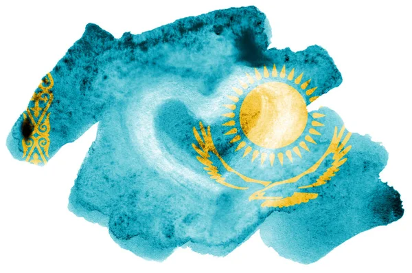 Vlajka Kazachstánu Líčen Tekutý Akvarel Styl Izolovaných Bílém Pozadí Neopatrný — Stock fotografie