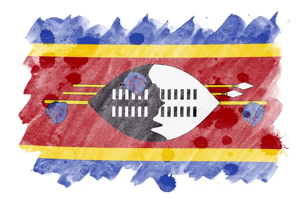 Bandiera Dello Swaziland Raffigurata Stile Acquerello Liquido Isolato Sfondo Bianco — Foto Stock