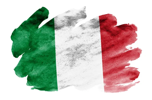 Flaga Włochy Jest Przedstawiony Stylu Przypominającym Akwarele Cieczy Białym Tle — Zdjęcie stockowe
