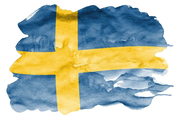 Sverige Flagga Avbildad Flytande Akvarell Stil Isolerad Vit Bakgrund Slarvig — Stockfoto