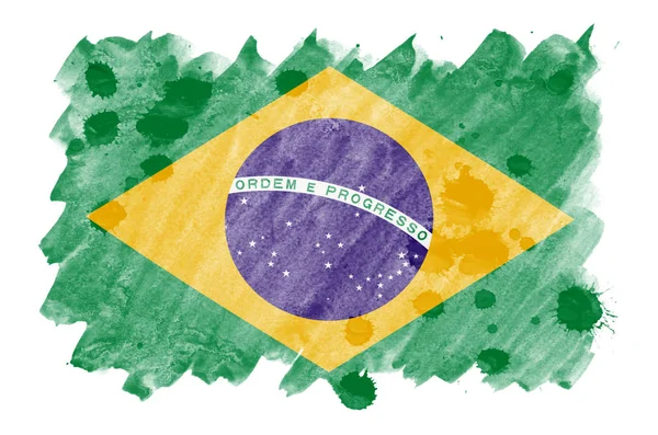 Vlag Van Brazilië Afgebeeld Vloeibare Waterverf Stijl Geïsoleerd Een Witte — Stockfoto
