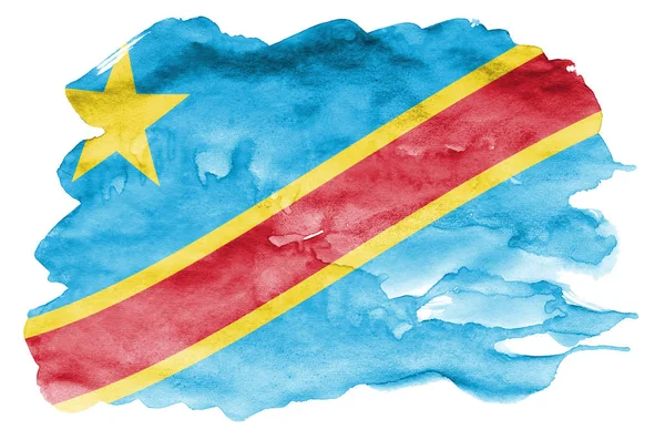 刚果民主共和国国旗描绘的是在白色背景隔离的液体水彩风格 漫不经心的油漆底纹与国旗的形象 独立日横幅 — 图库照片
