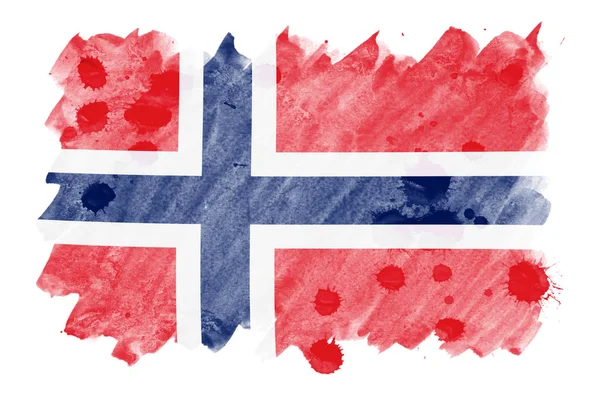 Norvégia Lobogója Ábrázolt Folyékony Akvarell Stílusú Elszigetelt Fehér Background Gondatlan — Stock Fotó