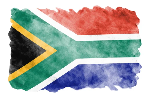 南非国旗描绘的是在白色背景上隔离的液体水彩风格 漫不经心的油漆底纹与国旗的形象 独立日横幅 — 图库照片