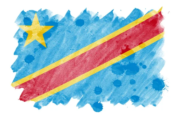 民主共和国コンゴの旗は 白い背景に分離された液体の水彩風に描かれています 国旗のイメージとシェーディングで不注意な塗料 独立記念日バナー — ストック写真