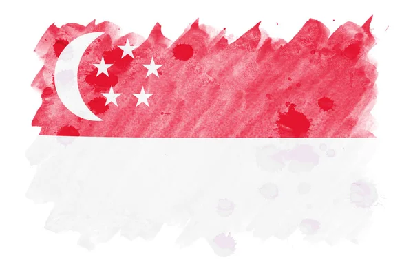 Bandeira Singapura Representado Estilo Aquarela Líquido Isolado Fundo Branco Tinta — Fotografia de Stock