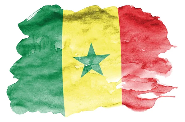 Bandeira Senegal Representado Estilo Aquarela Líquido Isolado Fundo Branco Tinta — Fotografia de Stock