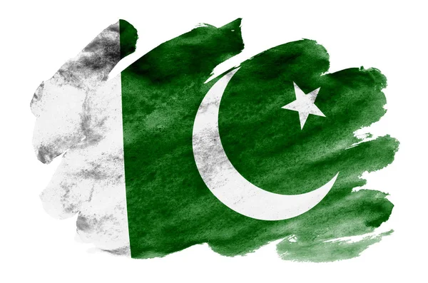 巴基斯坦国旗描绘的是在白色背景上隔离的液体水彩风格 漫不经心的油漆底纹与国旗的形象 独立日横幅 — 图库照片