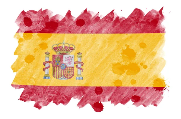 Flaga Hiszpania Jest Przedstawiony Stylu Przypominającym Akwarele Cieczy Białym Tle — Zdjęcie stockowe