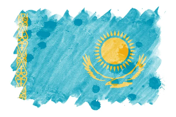 Bandiera Kazakistan Raffigurato Stile Acquerello Liquido Isolato Sfondo Bianco Dipingente — Foto Stock