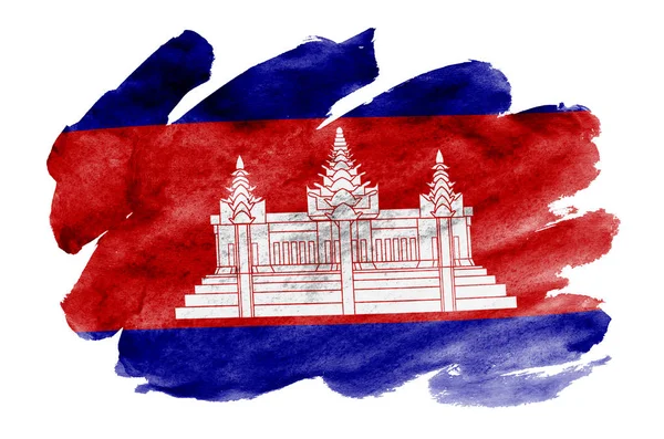 柬埔寨国旗描绘的液体水彩风格隔离在白色背景 漫不经心的油漆底纹与国旗的形象 独立日横幅 — 图库照片