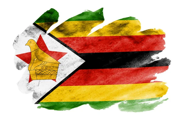 Bandiera Zimbabwe Raffigurato Stile Acquerello Liquido Isolato Sfondo Bianco Dipingente — Foto Stock