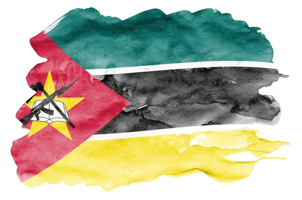 Die Mosambikanische Flagge Ist Flüssigem Aquarellstil Auf Weißem Hintergrund Dargestellt — Stockfoto