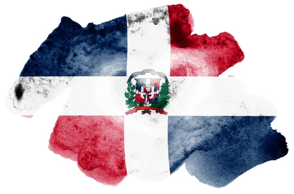 多米尼加共和国国旗描绘的液体水彩风格隔离在白色背景 漫不经心的油漆底纹与国旗的形象 独立日横幅 — 图库照片
