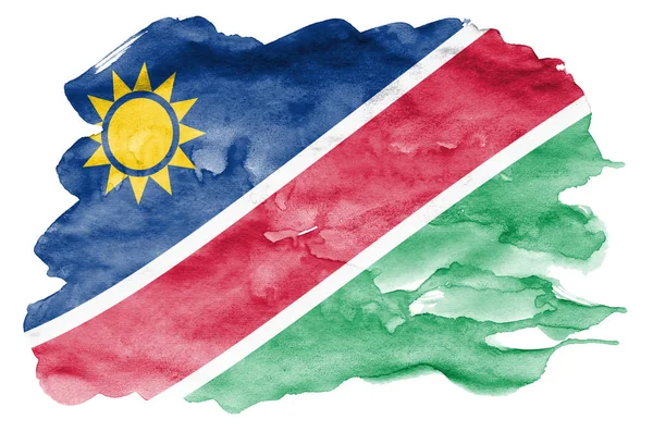 Vlag Van Namibië Afgebeeld Vloeibare Waterverf Stijl Geïsoleerd Een Witte — Stockfoto