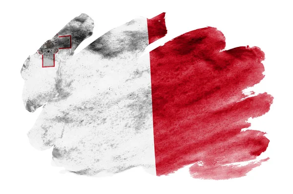 Malta Vlajka Líčen Tekutý Akvarel Styl Izolovaných Bílém Pozadí Neopatrný — Stock fotografie