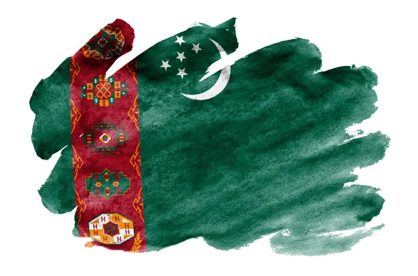 Σημαία Του Τουρκμενιστάν Απεικονίζεται Υγρό Στυλ Υδροχρώματος Που Απομονώνονται Λευκό — Φωτογραφία Αρχείου