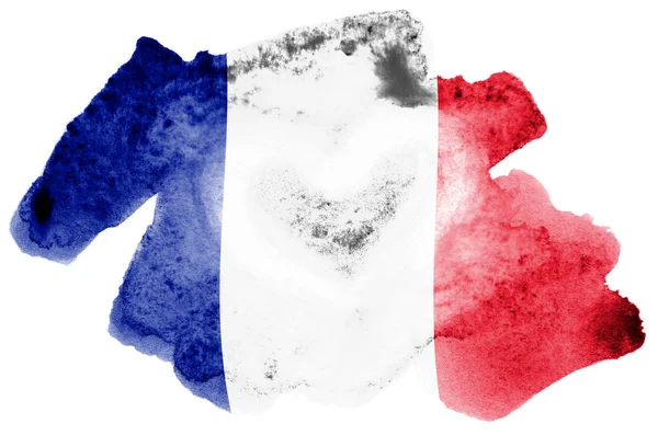 法国国旗描绘的是在白色背景上隔离的液体水彩风格 漫不经心的油漆底纹与国旗的形象 独立日横幅 — 图库照片