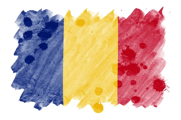 罗马尼亚国旗描绘在白色背景隔离的液体水彩样式 漫不经心的油漆底纹与国旗的形象 独立日横幅 — 图库照片