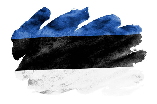 Estonia flag  is depicted in liquid watercolor style isolated on white background. Careless paint shading with image of national flag. Independence Day banner