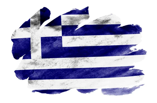 Greece Flag Depicted Liquid Watercolor Style Isolated White Background Careless — Stock Photo, Image