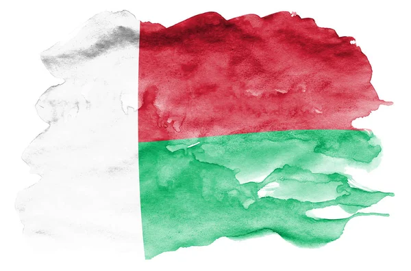 마다가스카르 플래그는 바탕에 수채화 스타일에 국기의 이미지와 부주의 페인트 음영입니다 — 스톡 사진