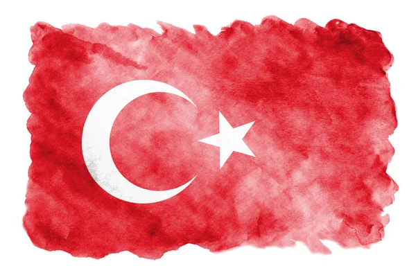 Flaga Turcja Jest Przedstawiony Stylu Przypominającym Akwarele Cieczy Białym Tle — Zdjęcie stockowe