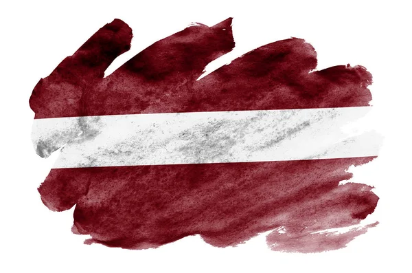 Bandeira Letónia Representado Estilo Aquarela Líquido Isolado Fundo Branco Tinta — Fotografia de Stock