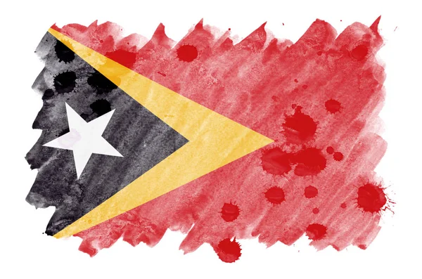 Östtimors Flagga Avbildad Flytande Akvarell Stil Isolerad Vit Bakgrund Slarvig — Stockfoto