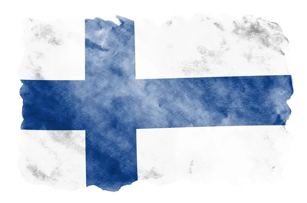 Прапор Фінляндії Зображена Рідкі Аквареллю Стилі Ізольовані Білому Тлі Затінення — стокове фото