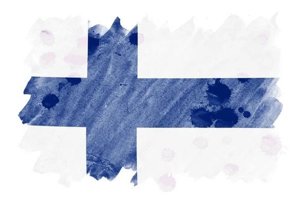 Finland Flagga Avbildad Flytande Akvarell Stil Isolerad Vit Bakgrund Slarvig — Stockfoto