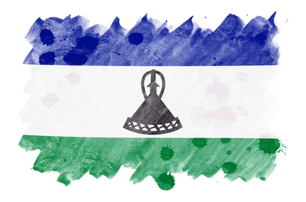 Флаг Лесото Изображен Жидком Акварельном Стиле Изолированном Белом Фоне Небрежное — стоковое фото
