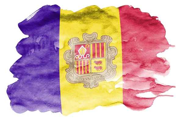 Vlag Van Andorra Afgebeeld Vloeibare Waterverf Stijl Geïsoleerd Een Witte — Stockfoto