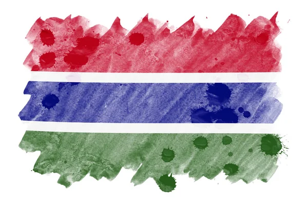 Gambia Flagga Avbildad Flytande Akvarell Stil Isolerad Vit Bakgrund Slarvig — Stockfoto