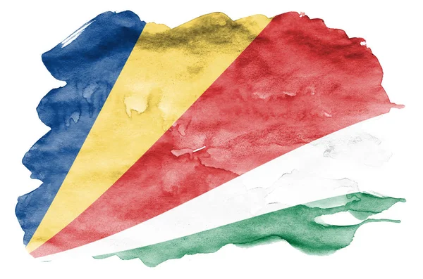 Bandiera Seychelles Raffigurato Stile Acquerello Liquido Isolato Sfondo Bianco Dipingente — Foto Stock