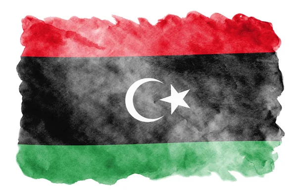 Libyas Flagg Avbildet Flytende Akvarellstil Isolert Hvit Bakgrunn Uforsiktig Malingsskygge – stockfoto