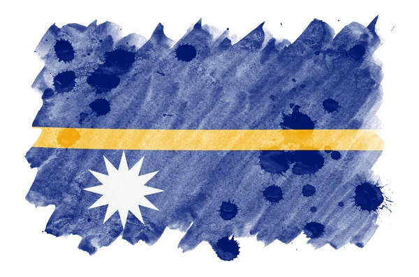 Flaga Nauru Jest Przedstawiony Stylu Przypominającym Akwarele Cieczy Białym Tle — Zdjęcie stockowe