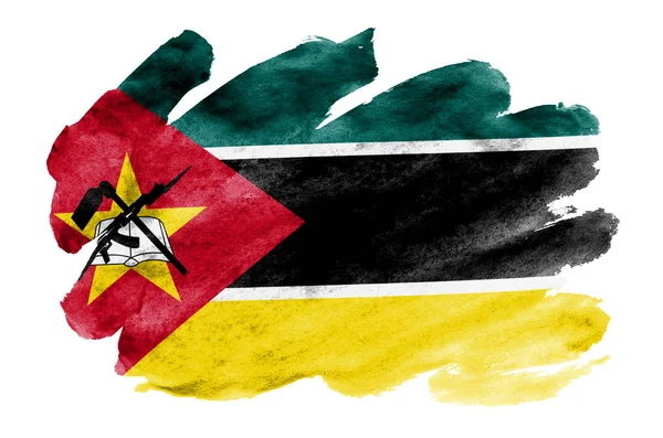 Die Mosambikanische Flagge Ist Flüssigem Aquarellstil Auf Weißem Hintergrund Dargestellt — Stockfoto