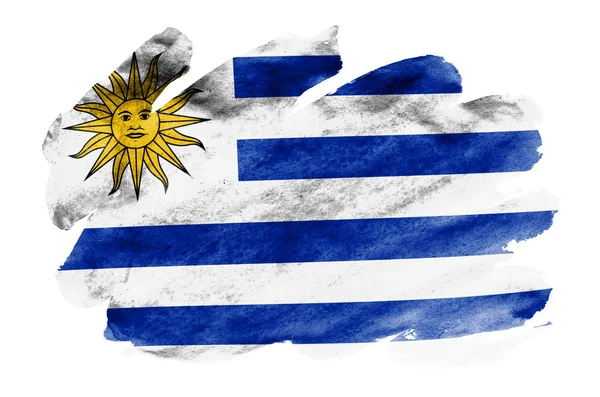 ウルグアイの旗は 白い背景に分離された液体の水彩風に描かれています 国旗のイメージとシェーディングで不注意な塗料 独立記念日バナー — ストック写真
