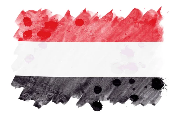 Прапор Ємену Зображена Рідкі Аквареллю Стилі Ізольовані Білому Тлі Затінення — стокове фото