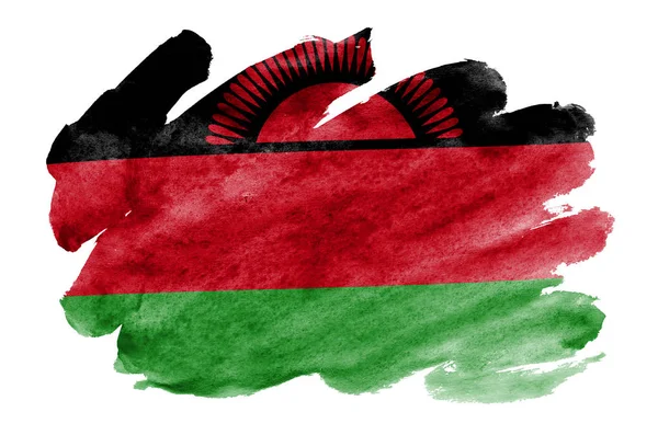 Malawis Flagga Avbildad Flytande Akvarell Stil Isolerad Vit Bakgrund Slarvig — Stockfoto